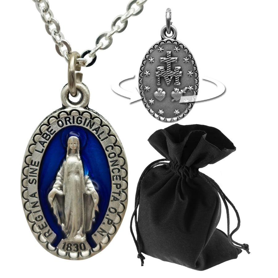 Blue and silver Marian necklace with Miraculous Medal and velvet pouch – product view