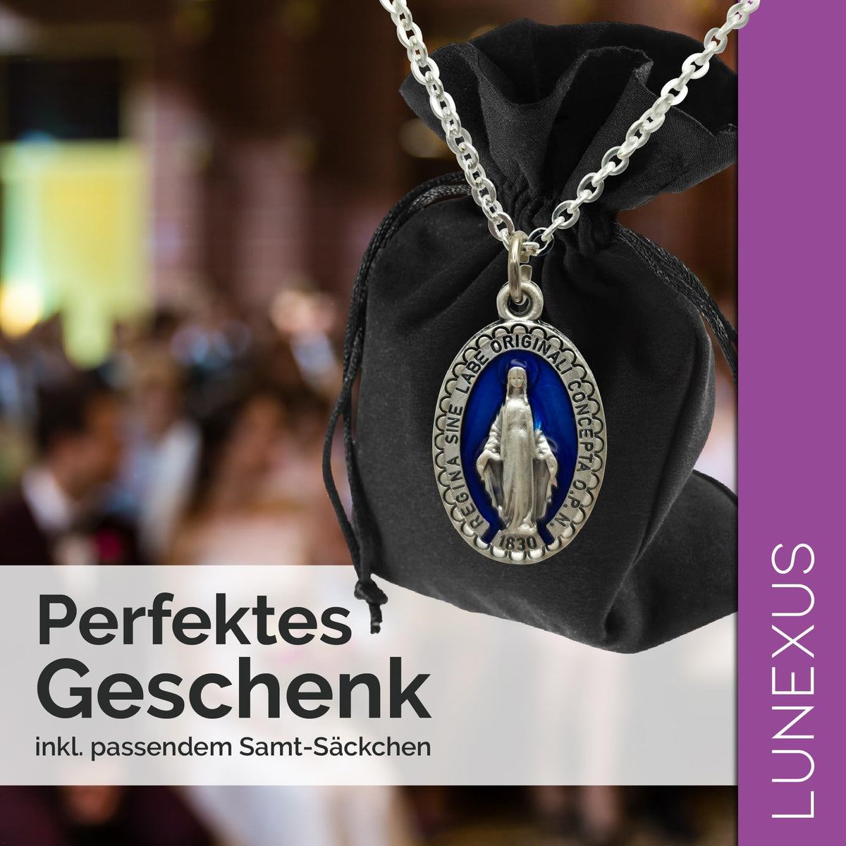 Collana mariana blu argento con Medaglia Miracolosa e sacchetto di velluto – vista 4