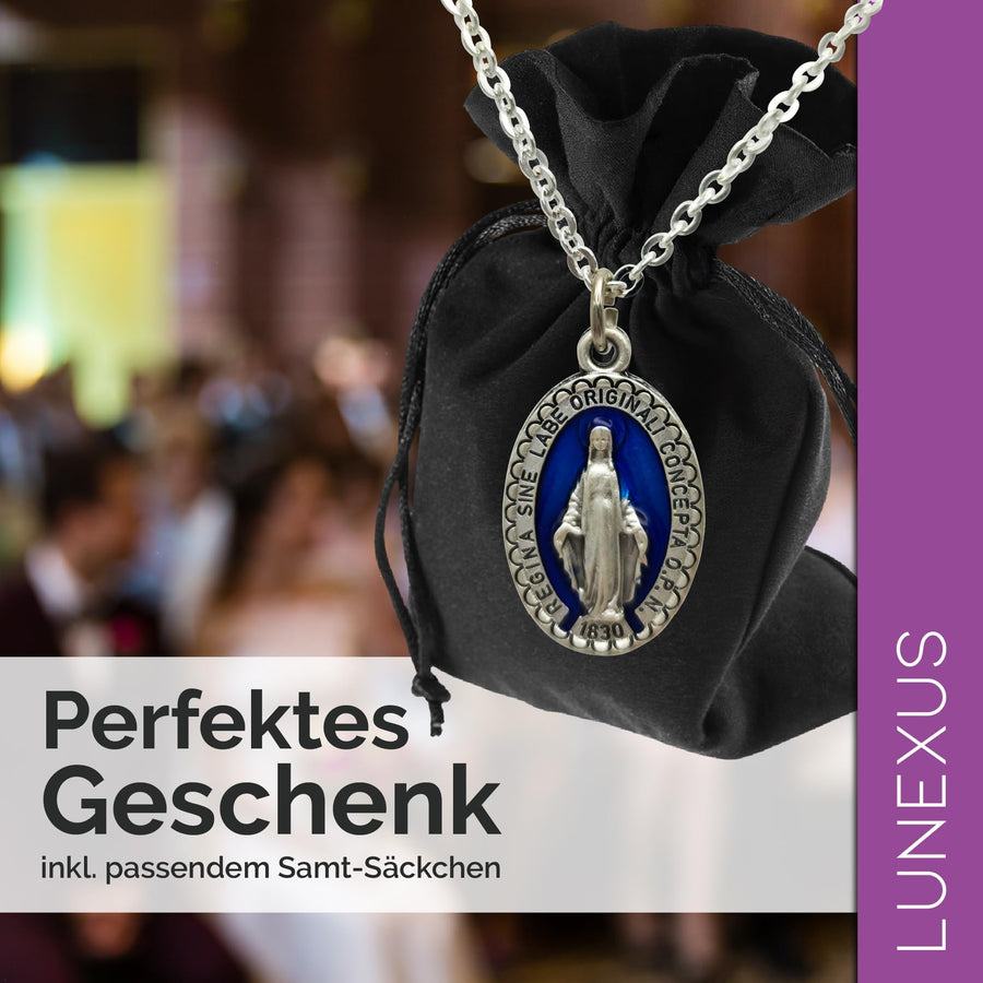 Blue and silver Marian necklace with Miraculous Medal and velvet pouch – view 4