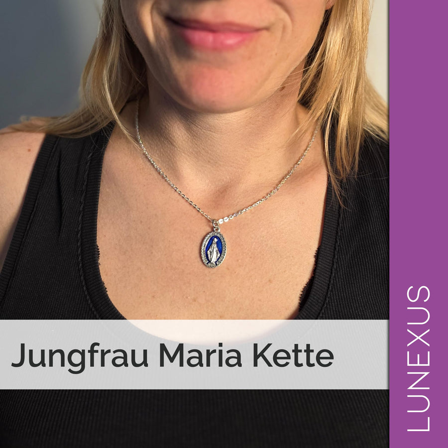 Blue and silver Marian necklace with Miraculous Medal and velvet pouch – view 6