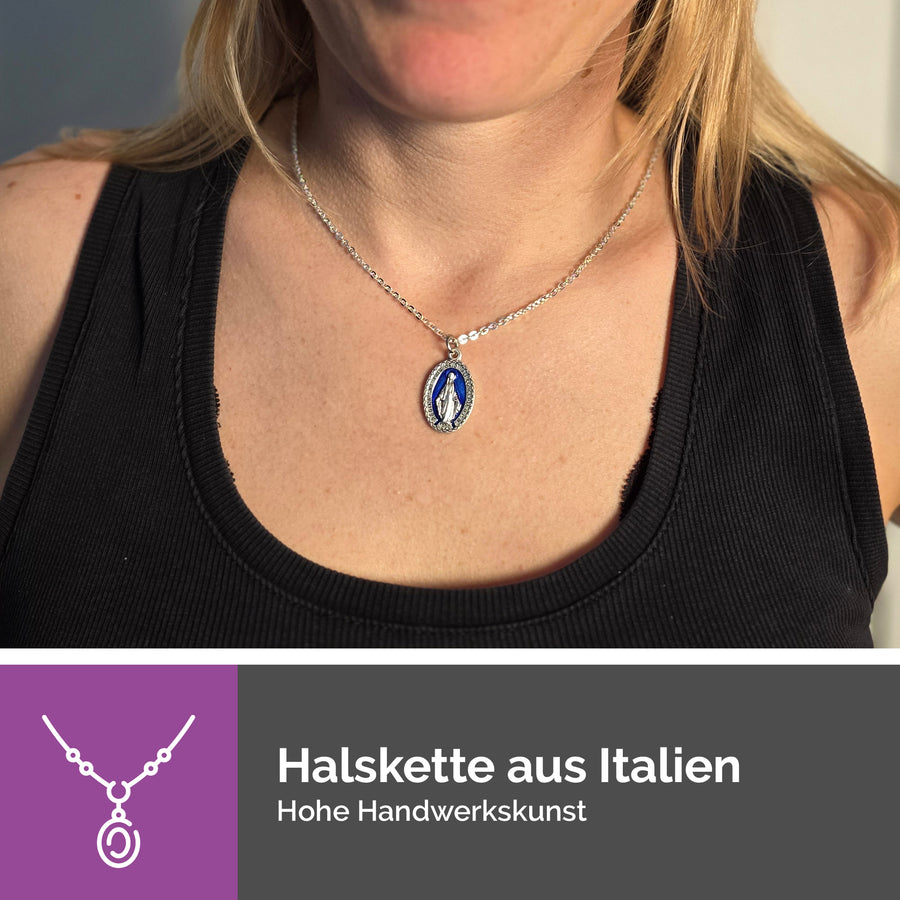 Collier Vierge Marie avec Médaille miraculeuse bleue porté, bijou religieux