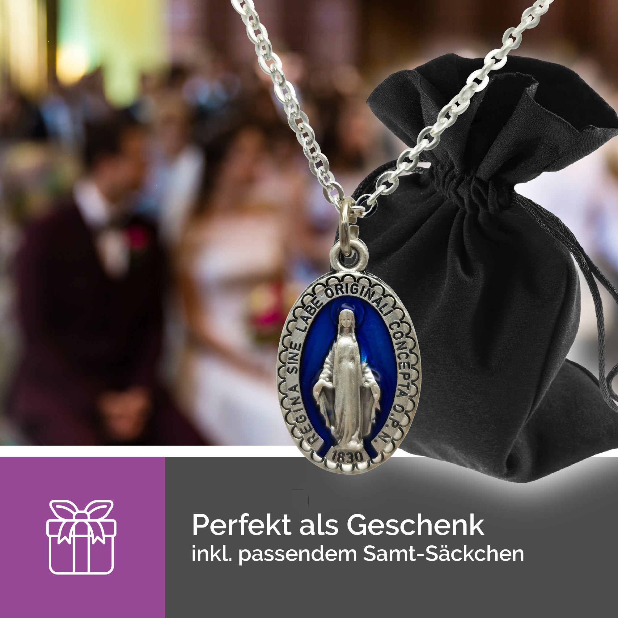 Detailaufnahme Herstellung silberfarbener Marienkette mit blauer Wundertätiger Medaille