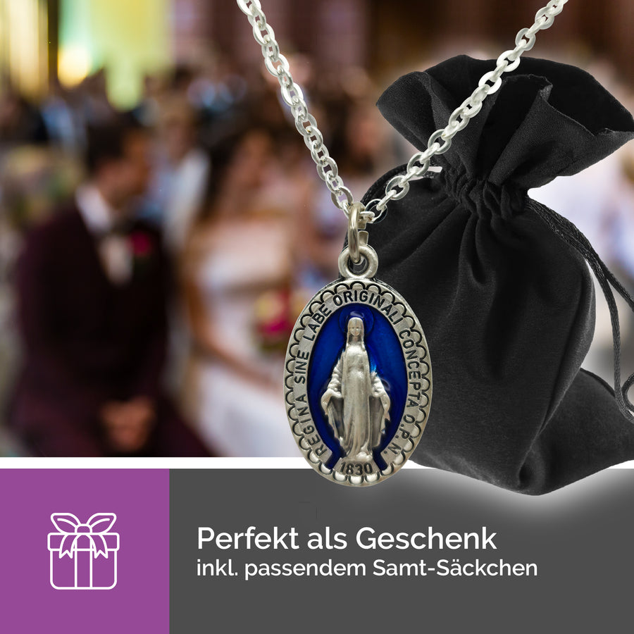 Vue détaillée de la fabrication du collier Vierge Marie argenté avec Médaille miraculeuse bleue