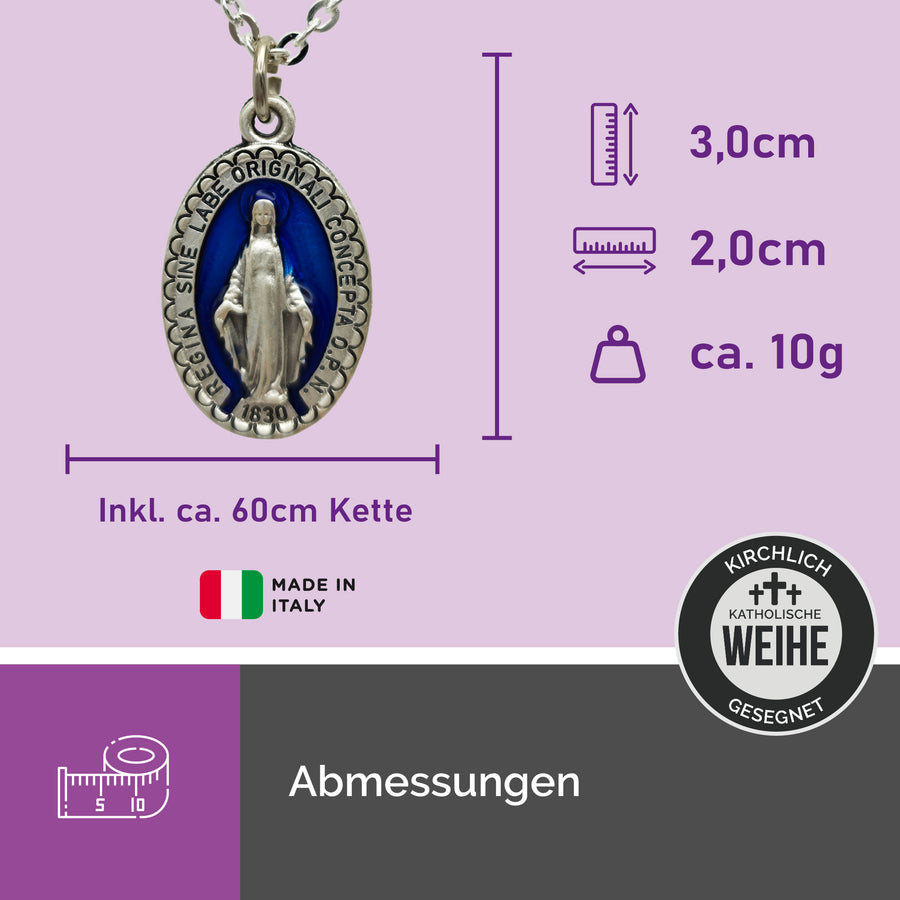 Dimensions du collier Vierge Marie argenté avec Médaille miraculeuse en émail bleu