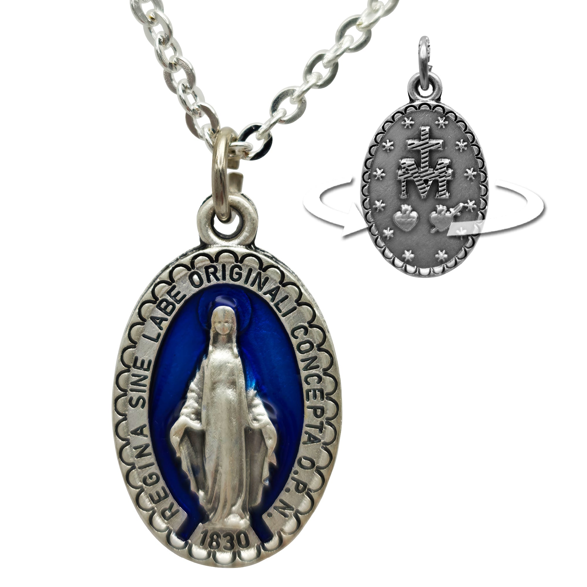 Marienkette mit silberfarbenem Anhänger und blauer Wundertätiger Medaille