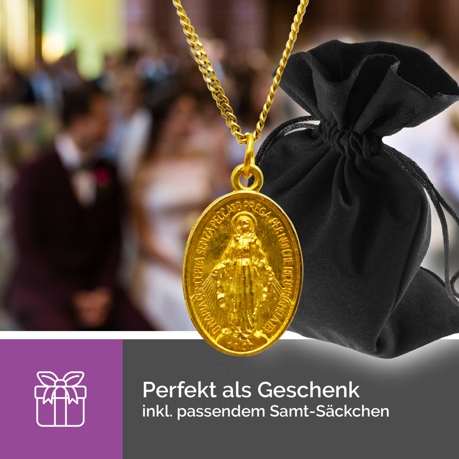 Fabrication et vue détaillée du collier Vierge Marie, Médaille miraculeuse dorée