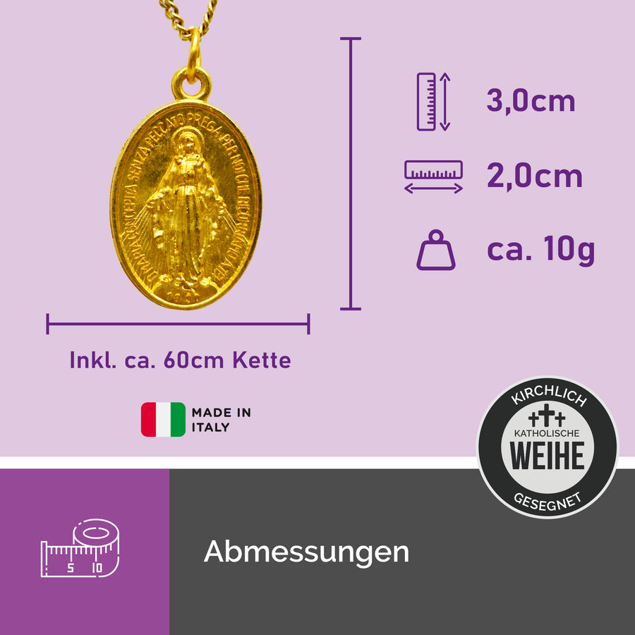 Dimensions du collier Vierge Marie avec pendentif Médaille miraculeuse dorée