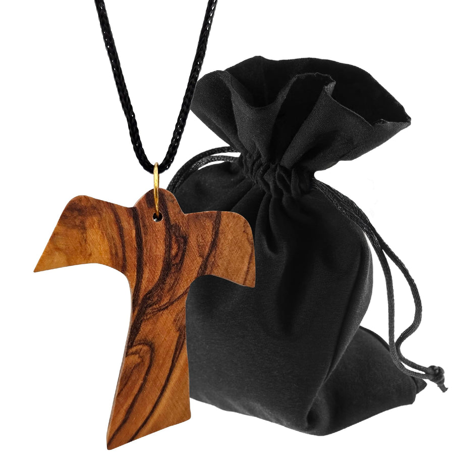 Collar de madera de olivo ángel-cruz con paloma – hecho a mano en Belén – vista del producto