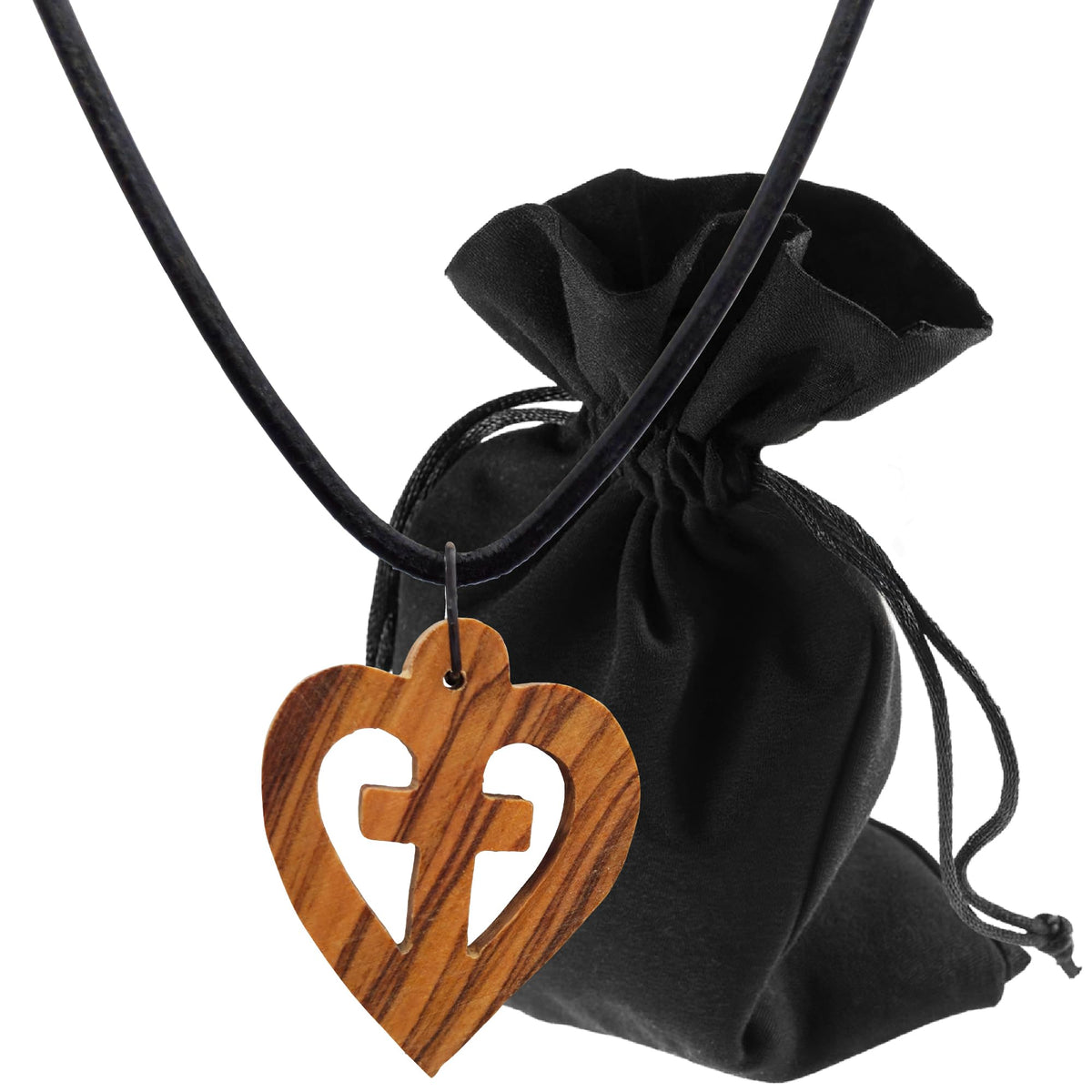 Olive wood necklace heart with cross – handmade in Bethlehem – product view