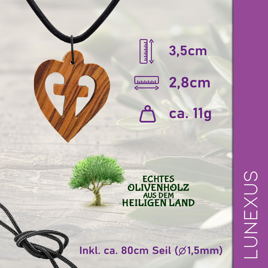 Collana in legno d'ulivo con cuore e croce – realizzata a mano a Betlemme – vista 2