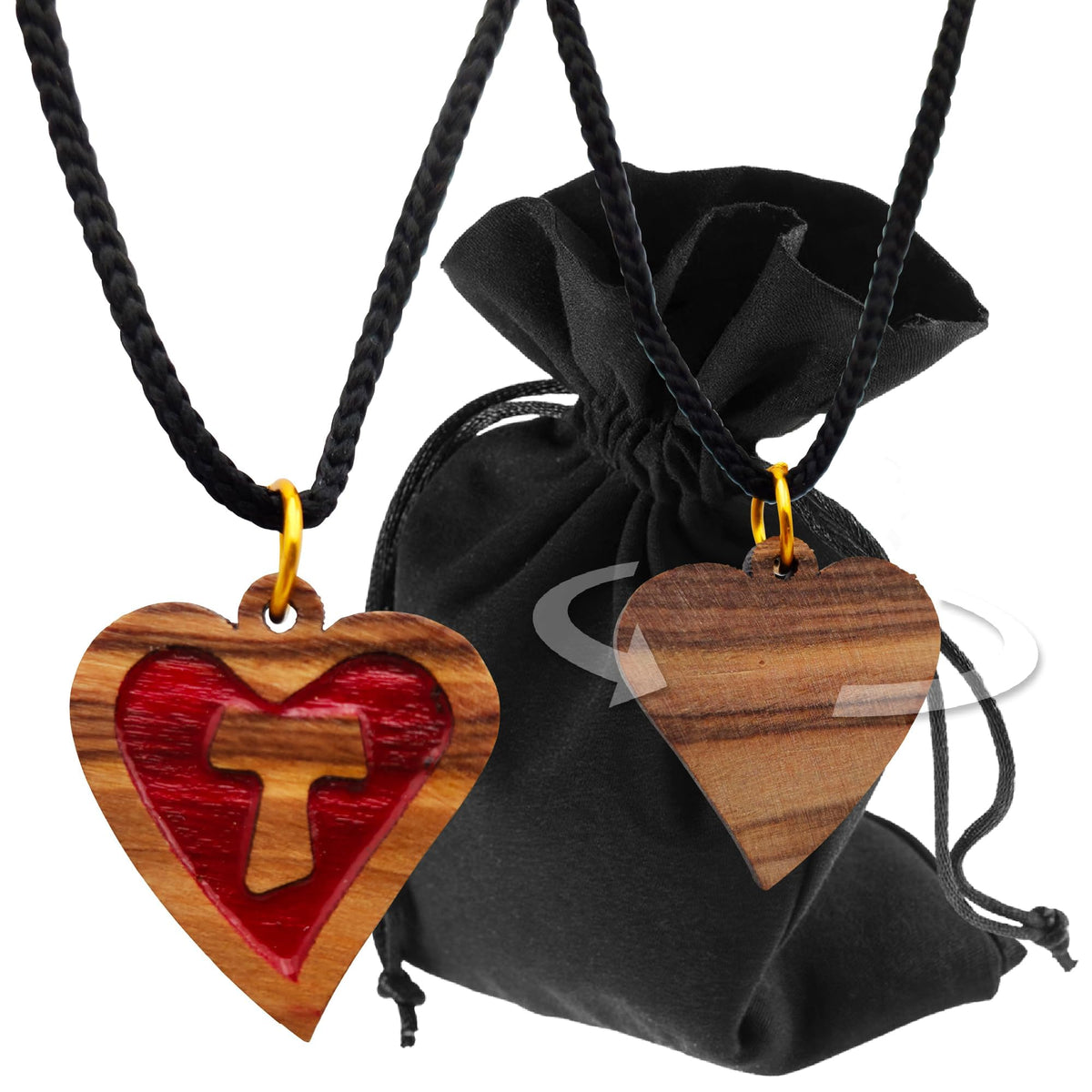 Olive wood necklace heart with tau cross – handmade in Bethlehem – product view