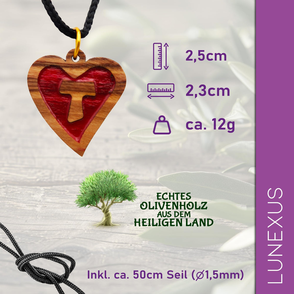 Olive wood necklace heart with tau cross – handmade in Bethlehem – view 2