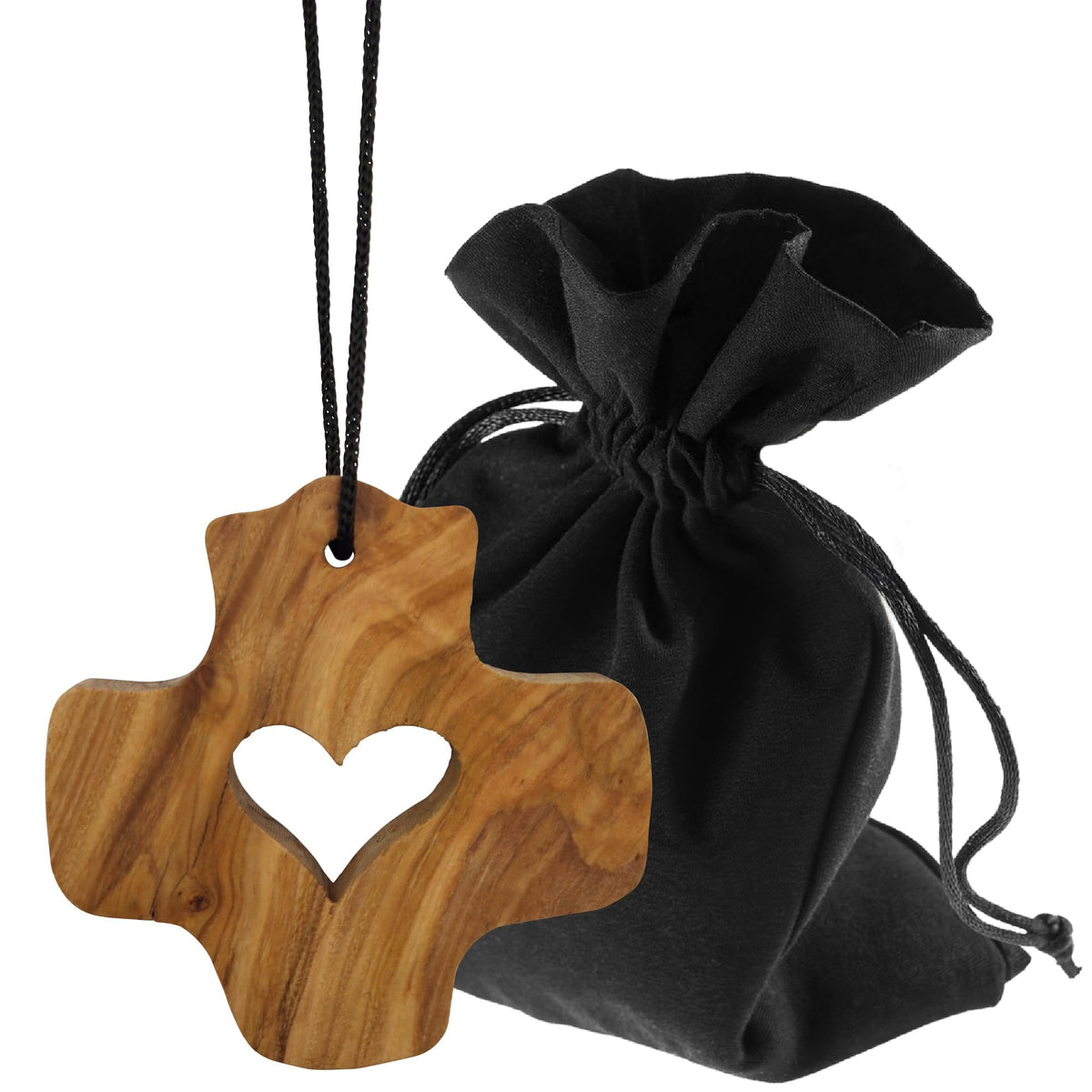 Olive wood necklace cross with heart – 6.5 cm – handmade in Bethlehem – pendant with velvet pouch