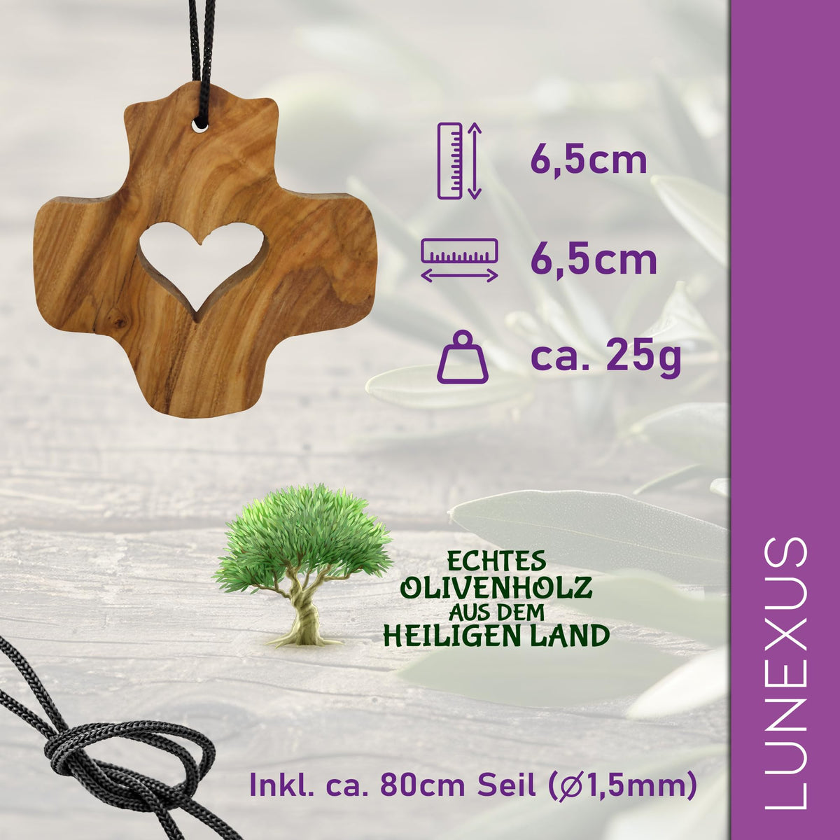 Olive wood necklace cross with heart – 6.5 cm – handmade in Bethlehem – dimensions 6.5 × 6.5 cm with cord