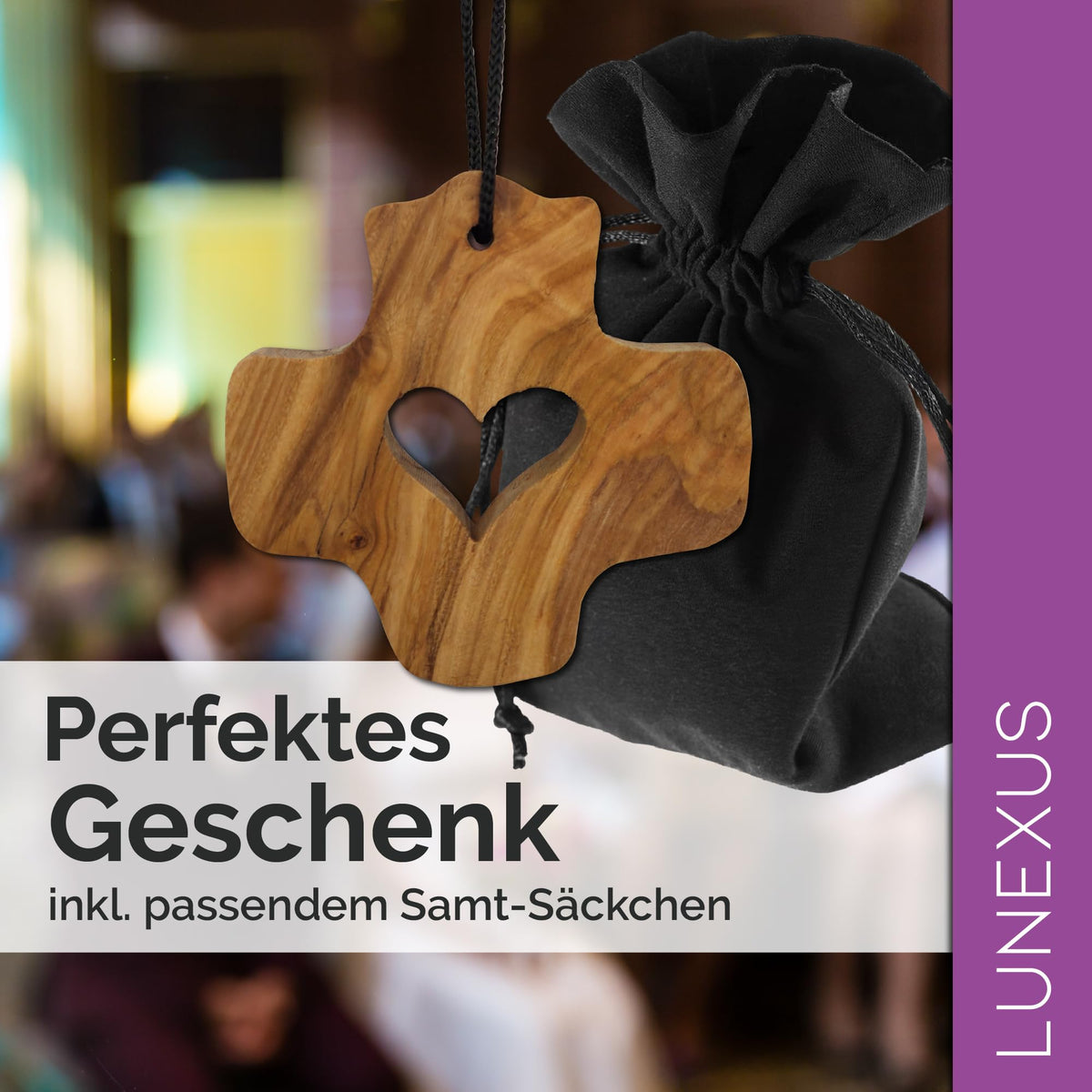 Olive wood necklace cross with heart – 6.5 cm – handmade in Bethlehem – as a gift with velvet pouch