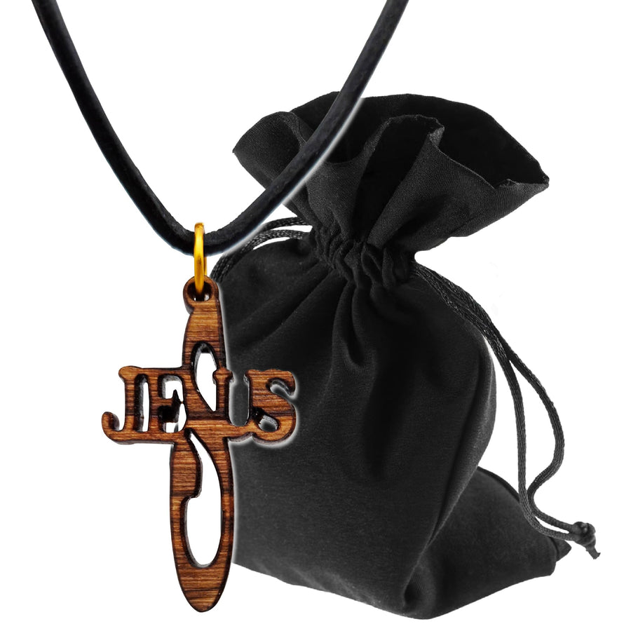 Collana in legno d'ulivo con croce e scritta «Jesus», da Betlemme – vista del prodotto