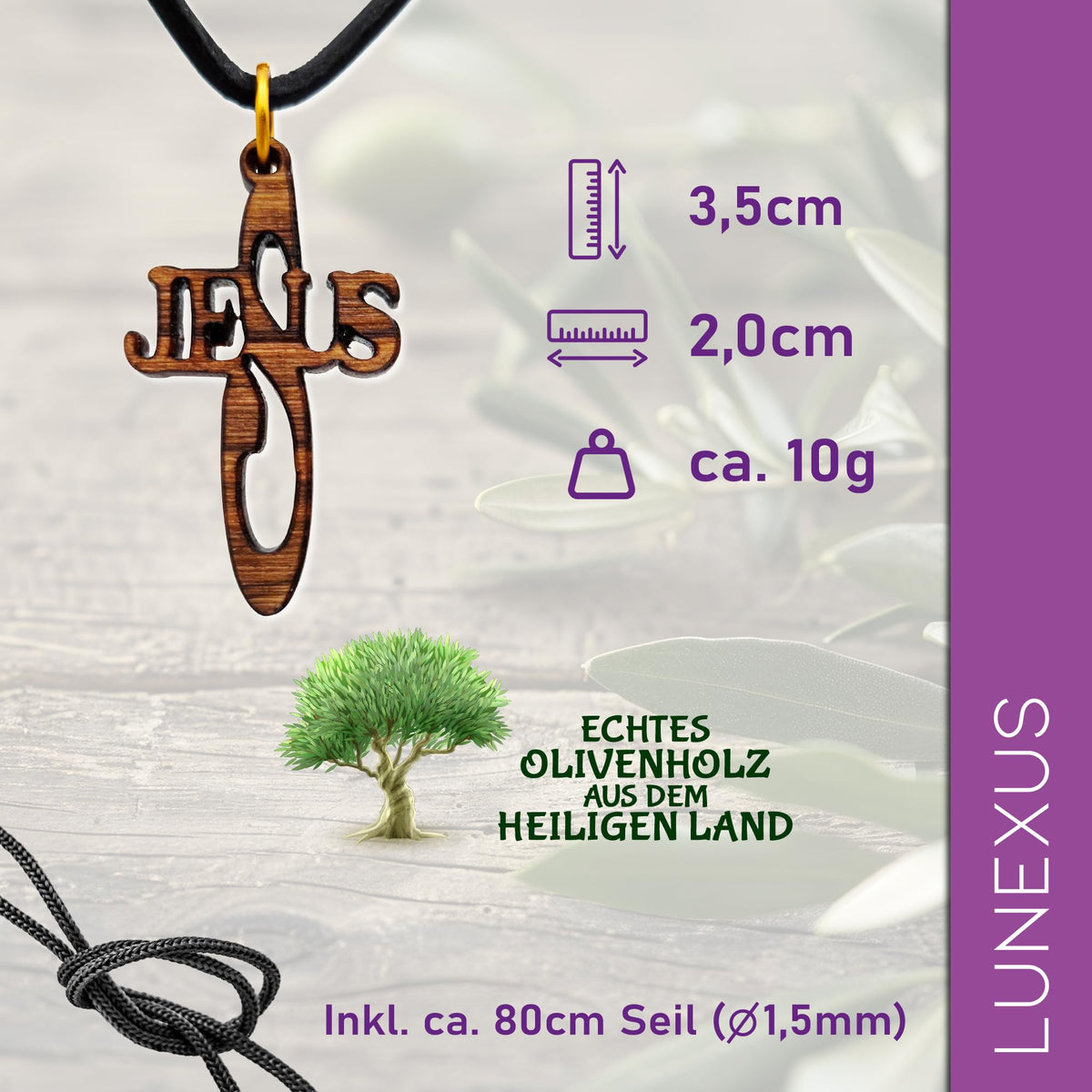 Olive wood necklace cross with Jesus lettering, from Bethlehem – view 2