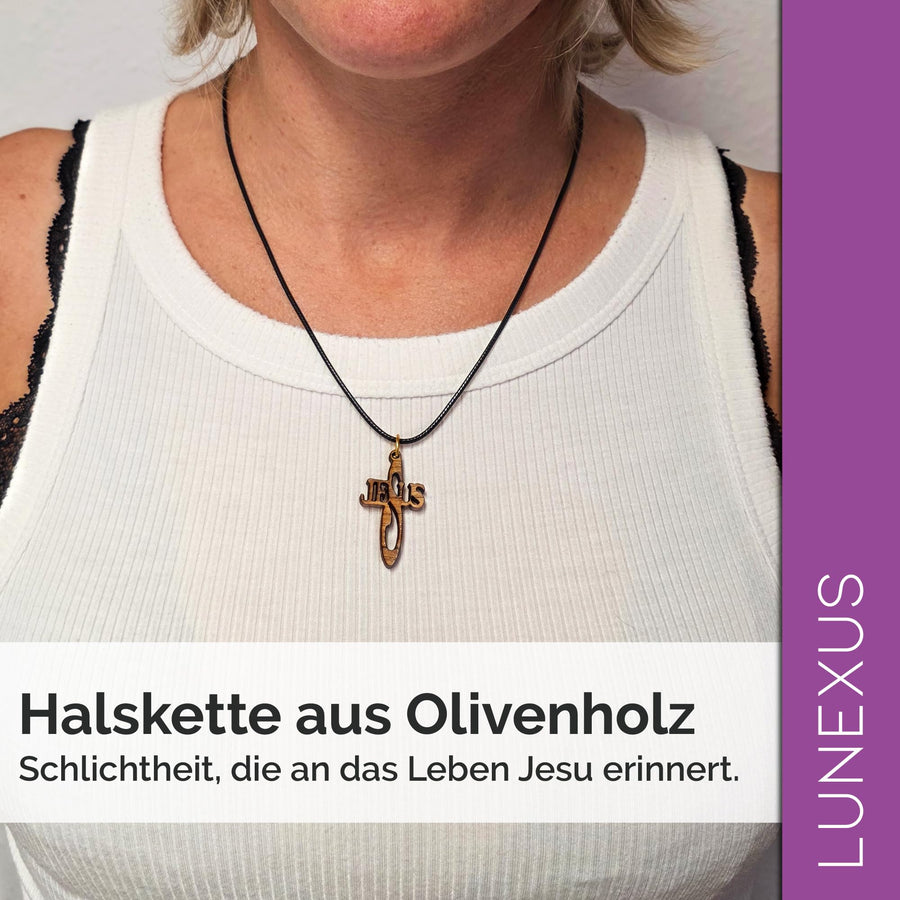 Collana in legno d'ulivo con croce e scritta «Jesus», da Betlemme – vista 6