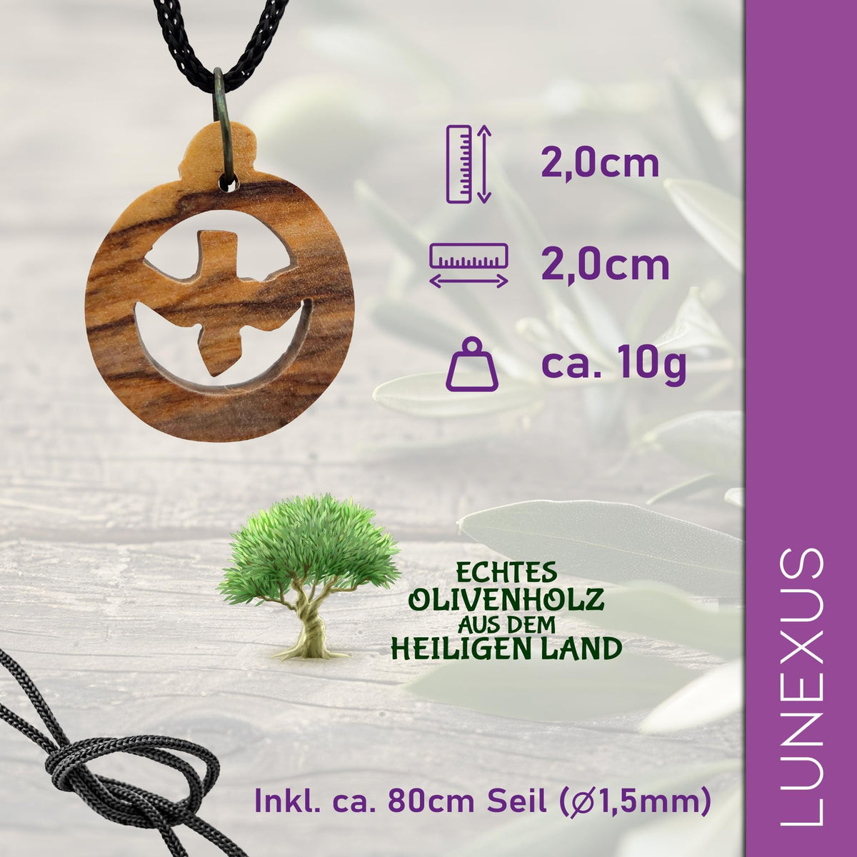 Olive wood necklace with dove (Holy Spirit) – from Bethlehem – view 2