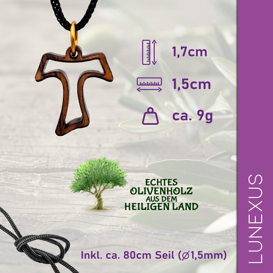 Collana in legno d'ulivo con croce tau traforata – realizzata a mano a Betlemme – vista 2