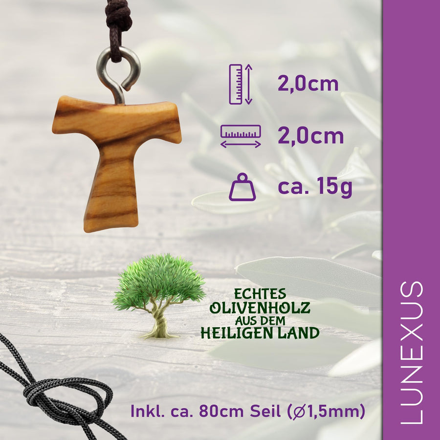 Collana in legno d'ulivo con croce tau francescana – realizzata a mano a Betlemme – vista 2