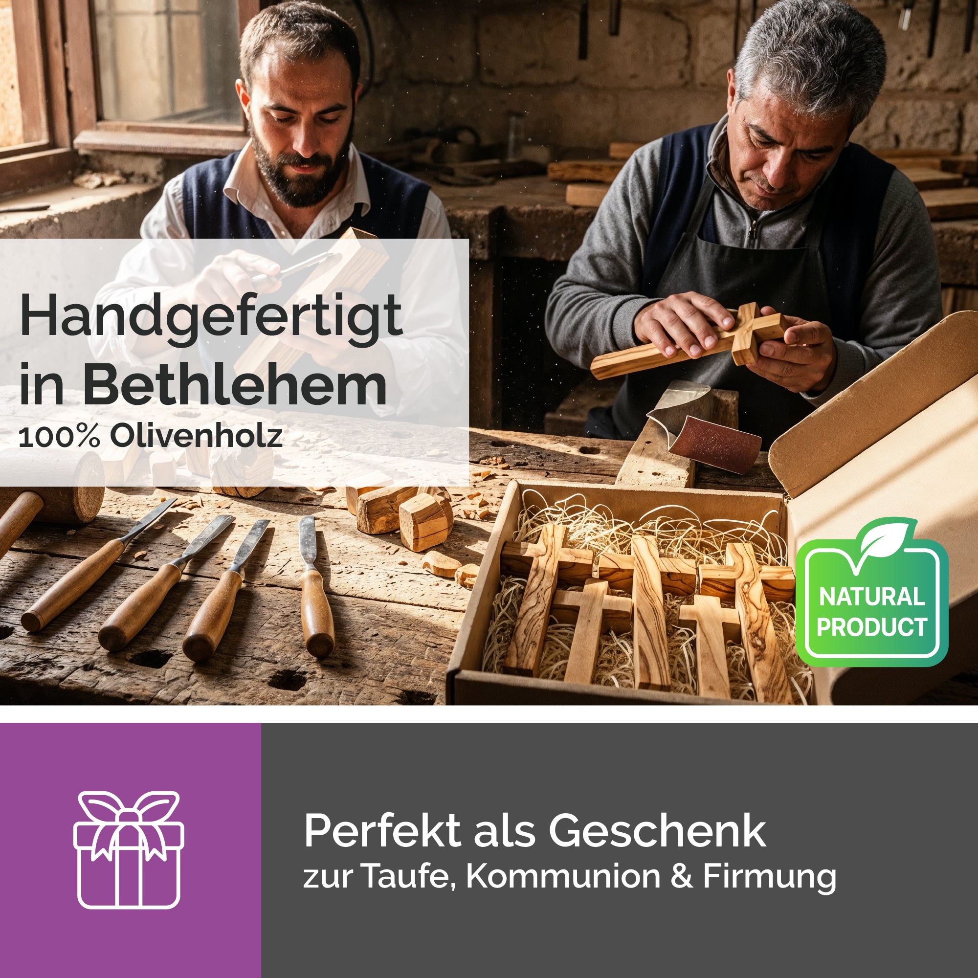 Handarbeit in Bethlehem Herstellung eines Kreuzes aus Olivenholz mit Gravur Jerusalem