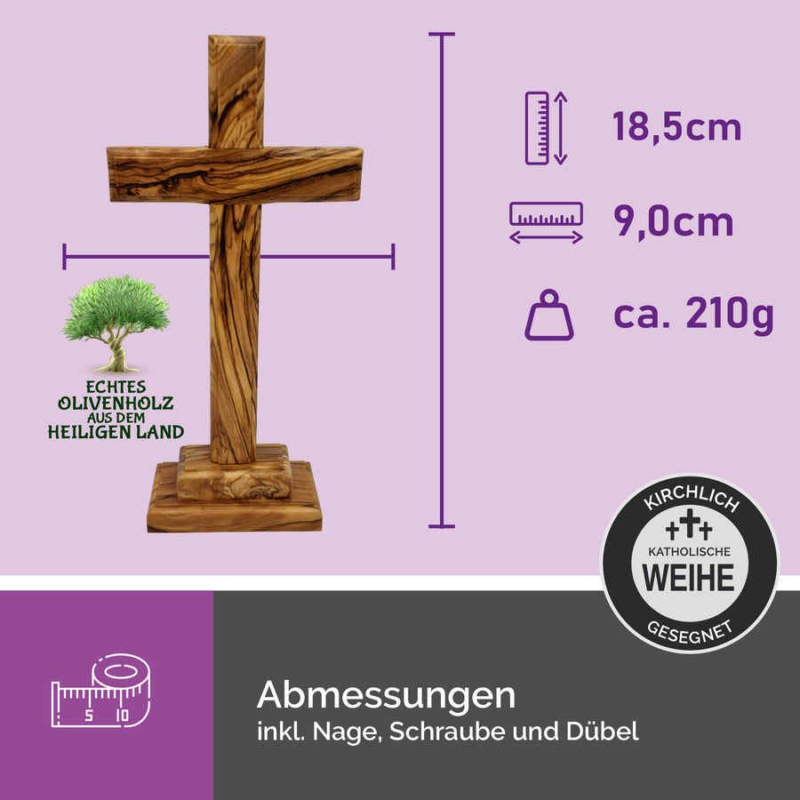 Dimensions de la croix en bois d'olivier de Bethléem faite à la main, avec socle