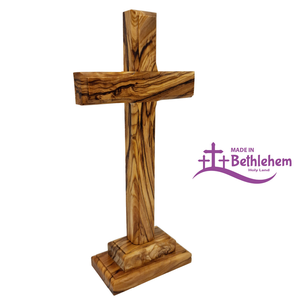 Handgefertigtes Olivenholz Kreuz aus Bethlehem mit Standfuß religiöse Dekoration