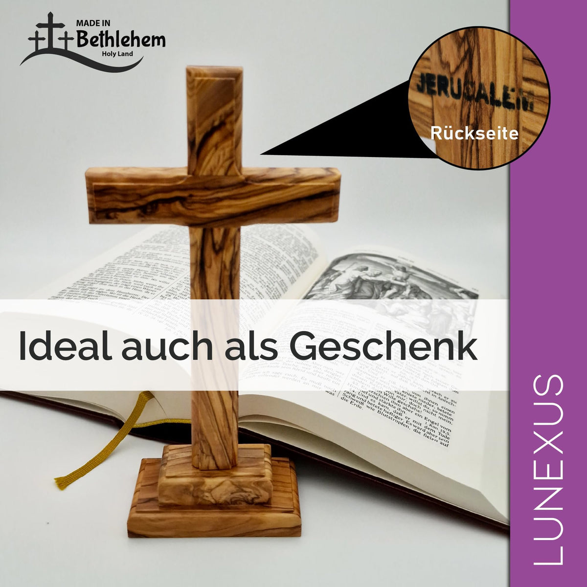 Cruz de sobremesa de madera de olivo 18,5 cm – desmontable con base – vista 5