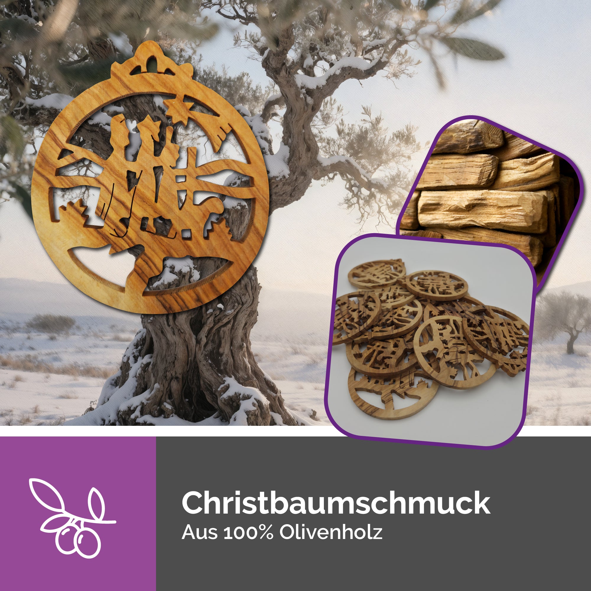 Olivenholzanhänger Flucht nach Ägypten als Christbaumschmuck und Geschenkanhänger mit goldener Schleife dekoriert