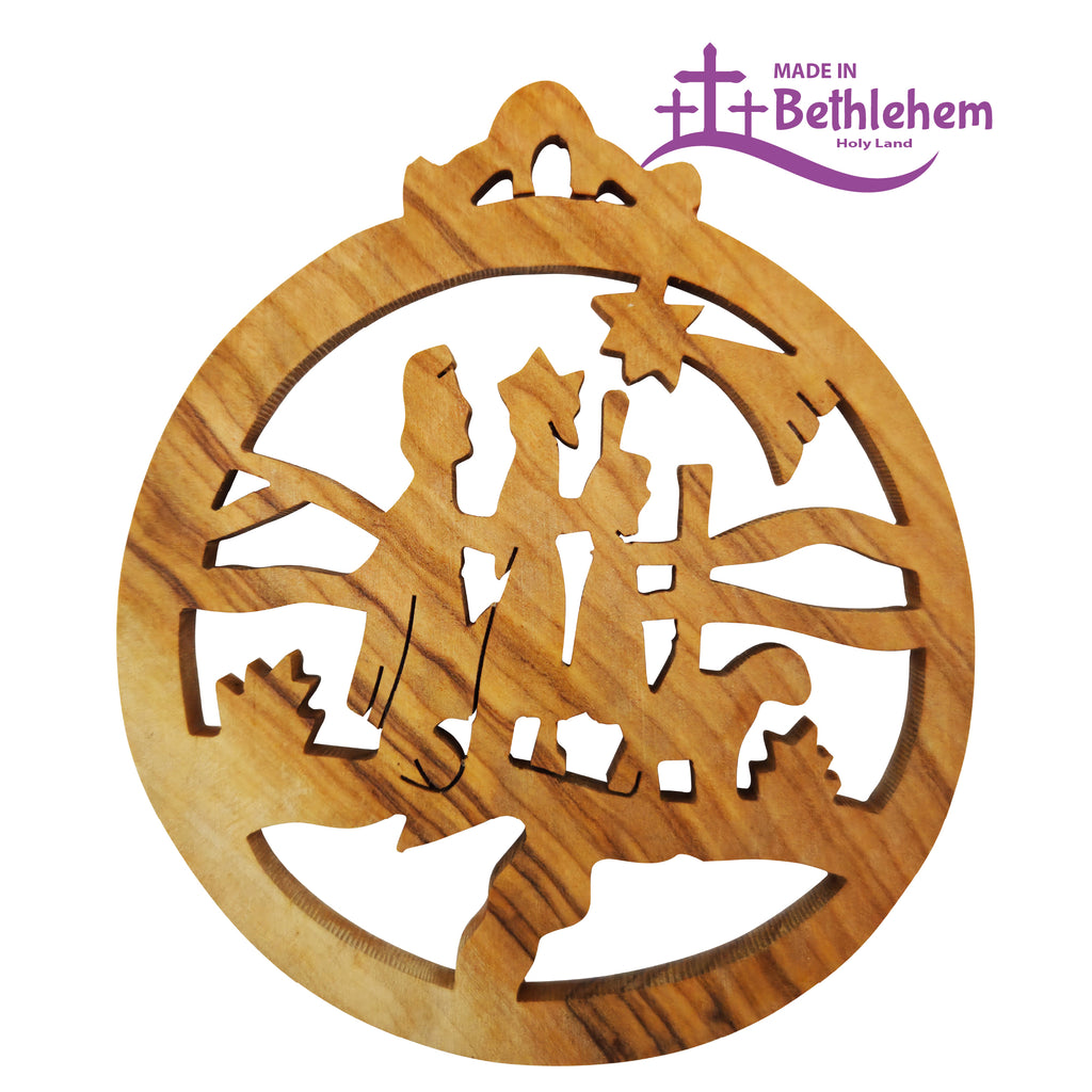 Handgefertigter Olivenholzanhänger Flucht nach Ägypten aus Bethlehem mit Maria Josef und Jesuskind auf Esel unter Stern von Bethlehem gesegnetes Symbol des Glaubens