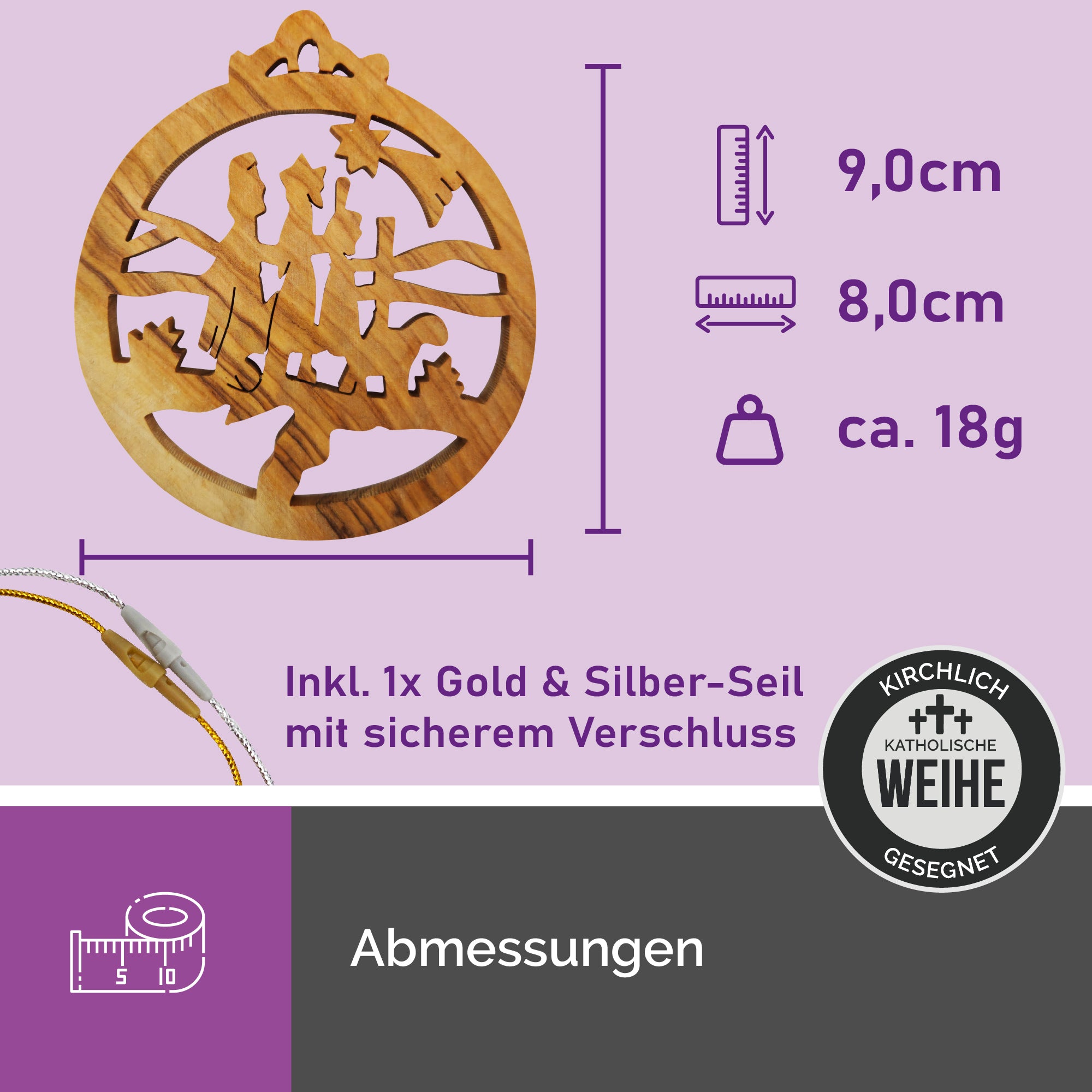 Maße des Olivenholzanhängers Flucht nach Ägypten aus Bethlehem 9x8 cm mit goldfarbenem und silberfarbenem Aufhängeband