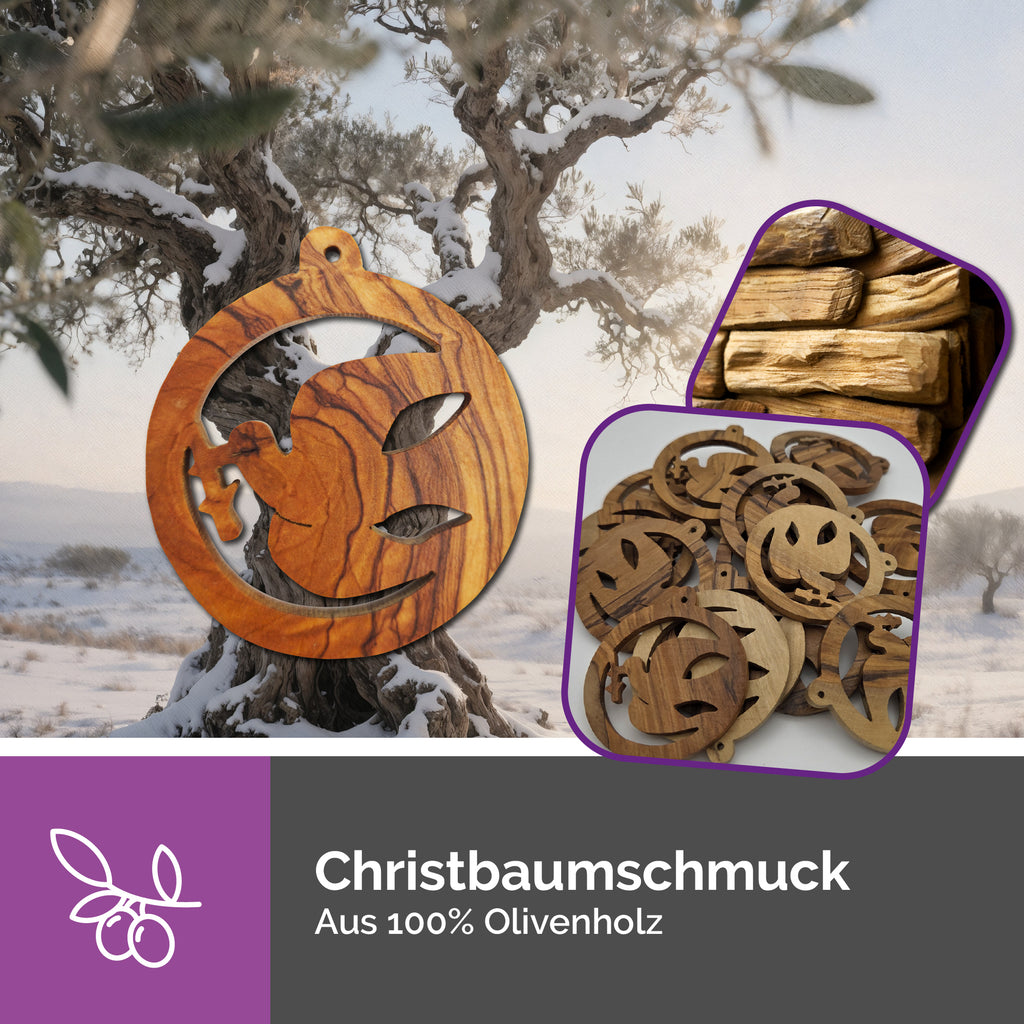 Friedenstaube aus Olivenholz als Christbaumschmuck und Geschenkanhänger mit goldener Schleife dekoriert
