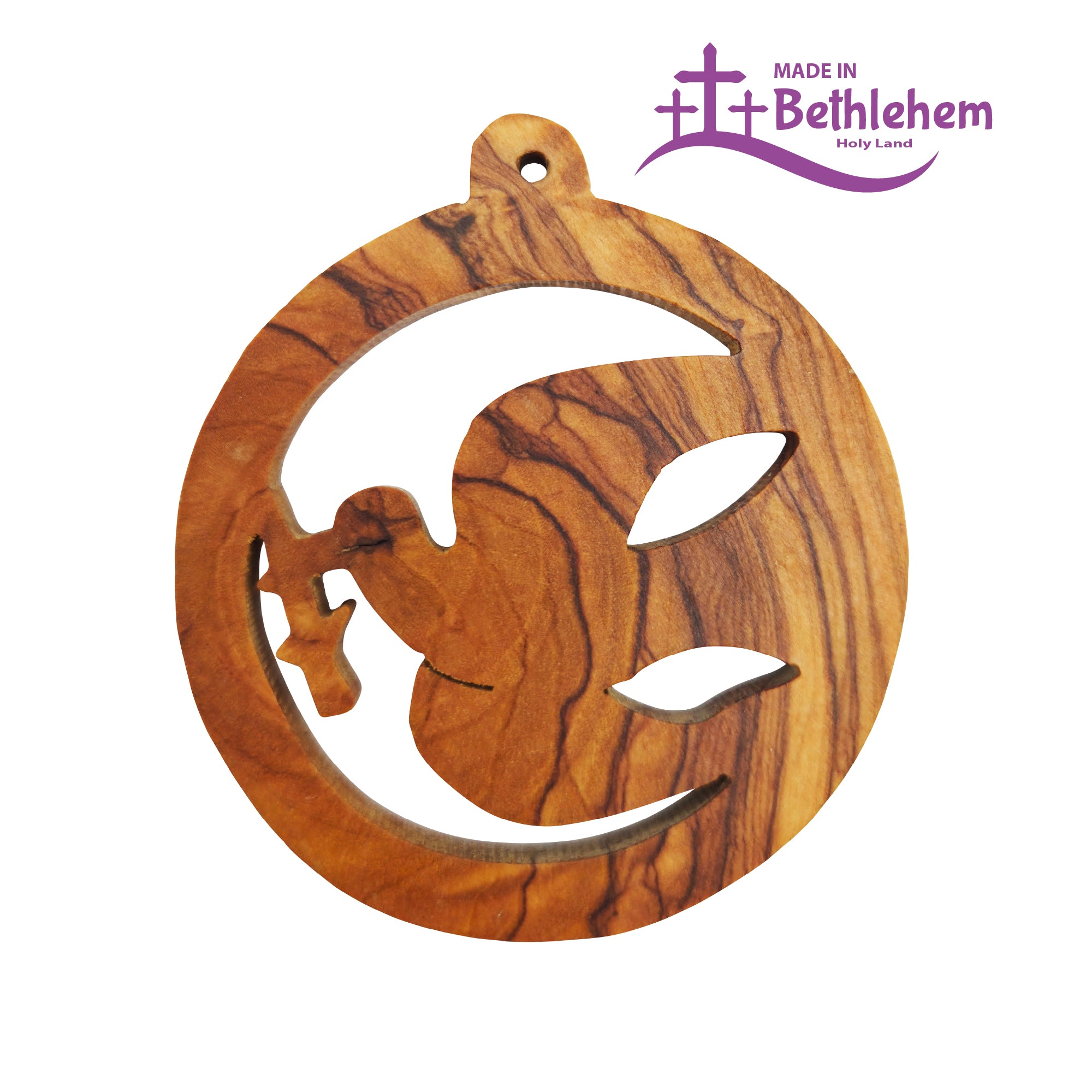 Olivenholzanhänger Friedenstaube mit Kreuz handgefertigt in Bethlehem gesegnetes Symbol des Friedens