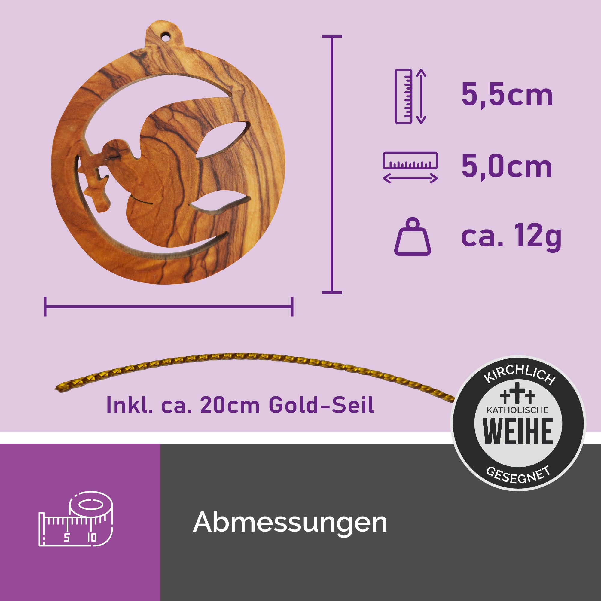 Maße des Olivenholzanhängers Friedenstaube aus Bethlehem 5,5x5,0 cm mit goldfarbenem Aufhängeband