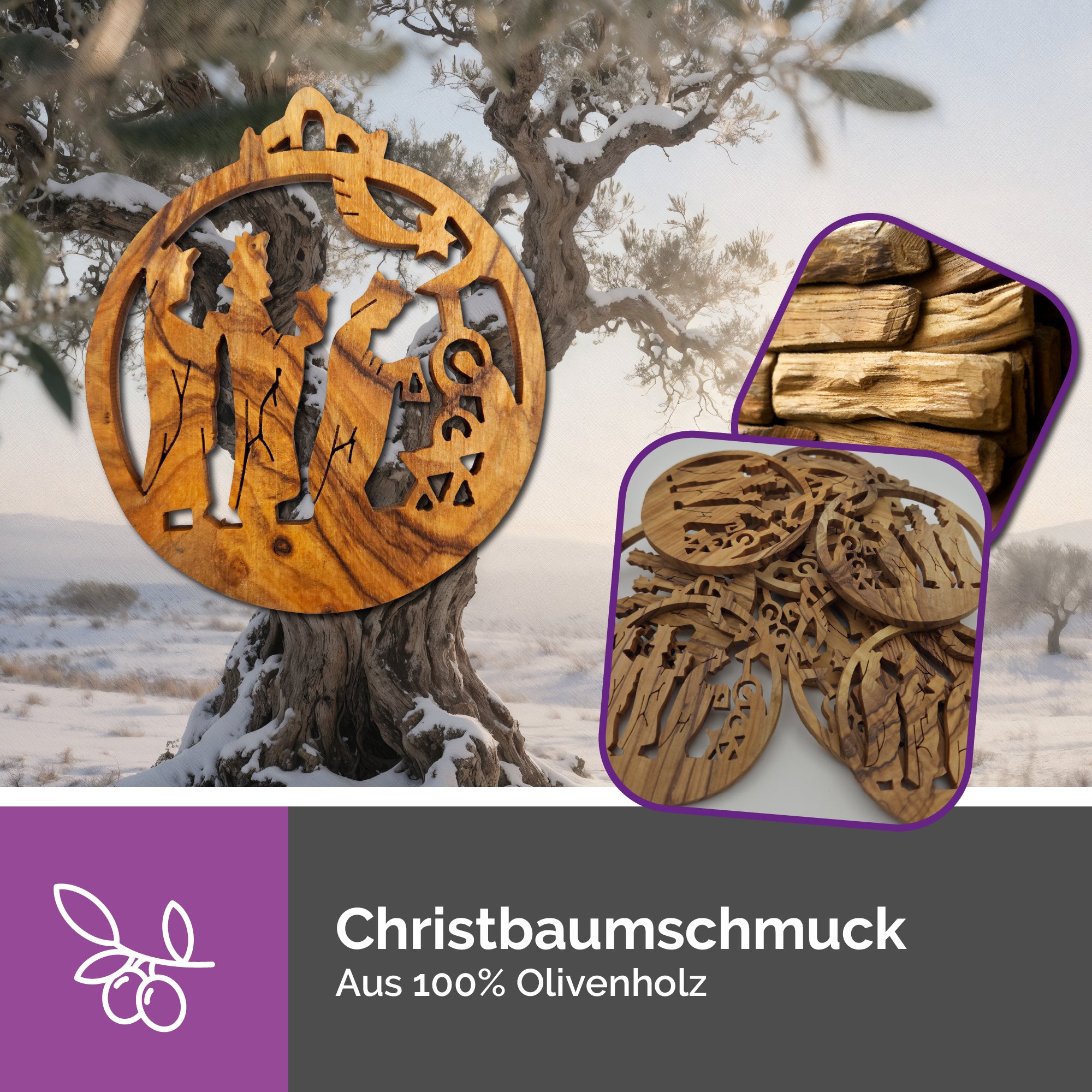 Olivenholzanhänger Heilige Drei Könige als Christbaumschmuck und Geschenkanhänger mit goldener Schleife dekoriert