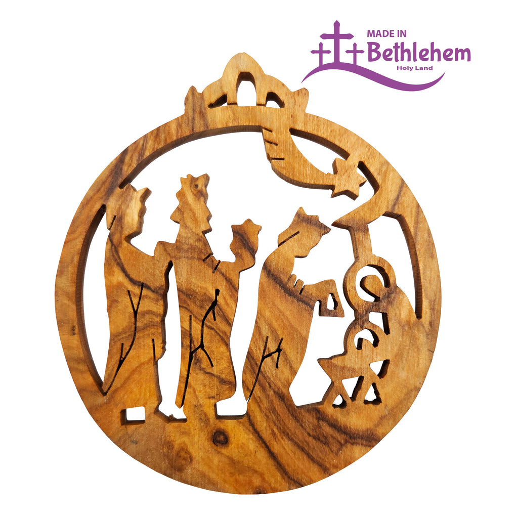 Handgefertigter Olivenholzanhänger Heilige Drei Könige aus Bethlehem mit Stern von Bethlehem gesegnetes Symbol des Glaubens und Friedens