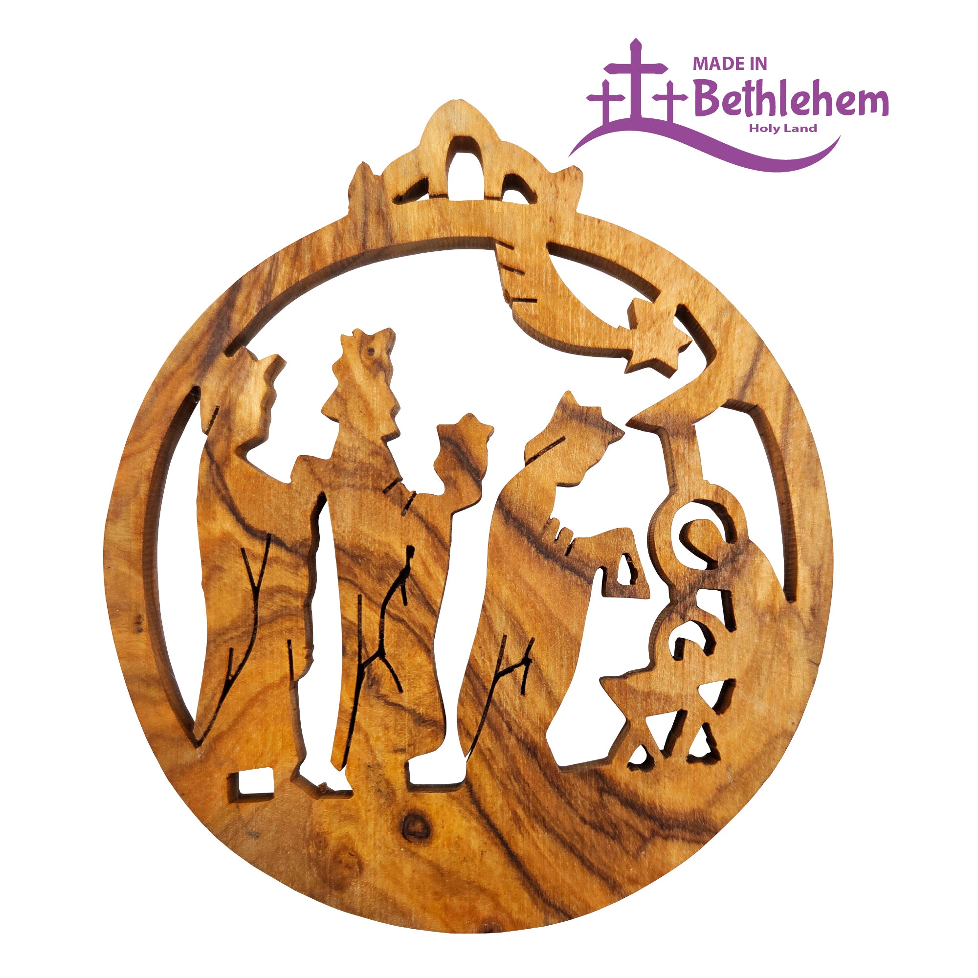 Handgefertigter Olivenholzanhänger Heilige Drei Könige aus Bethlehem mit Stern von Bethlehem gesegnetes Symbol des Glaubens und Friedens