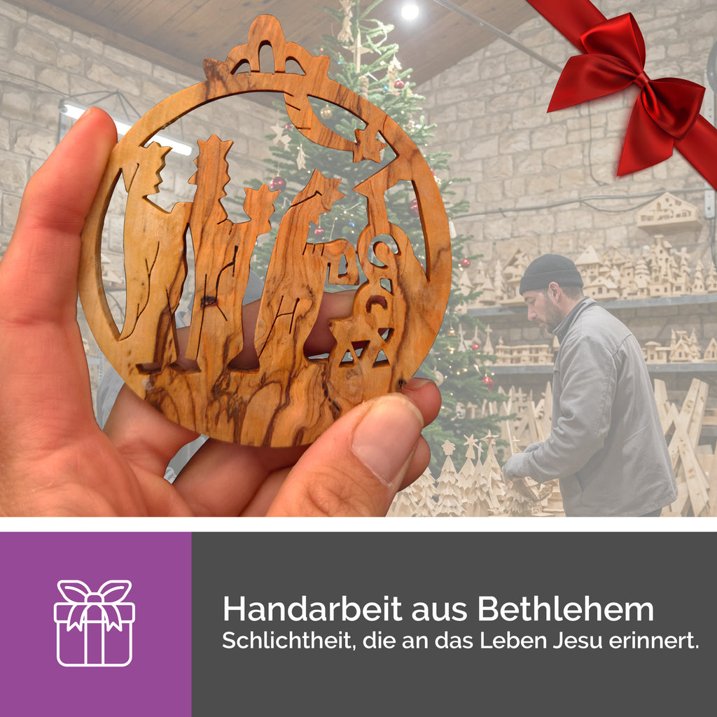 Handwerkliche Fertigung des Olivenholzanhängers Heilige Drei Könige in Bethlehem traditionelle Holzkunst mit nachhaltiger Verarbeitung