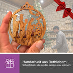 Handwerkliche Fertigung des Olivenholzanhängers Heilige Drei Könige in Bethlehem traditionelle Holzkunst mit nachhaltiger Verarbeitung
