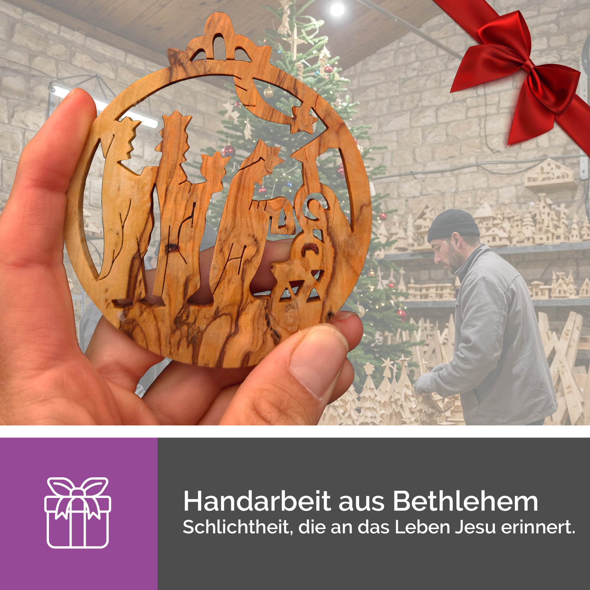 Handwerkliche Fertigung des Olivenholzanhängers Heilige Drei Könige in Bethlehem traditionelle Holzkunst mit nachhaltiger Verarbeitung