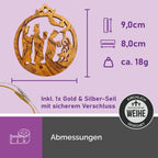 Maße des Olivenholzanhängers Heilige Drei Könige aus Bethlehem 9x8 cm mit Gold- und Silberband