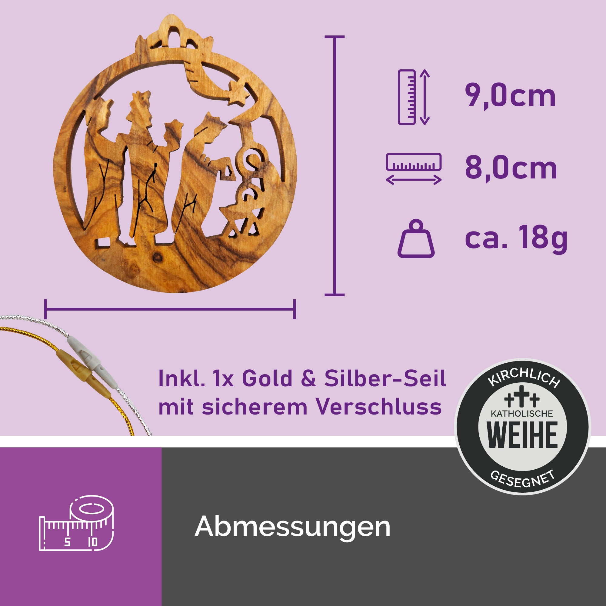 Maße des Olivenholzanhängers Heilige Drei Könige aus Bethlehem 9x8 cm mit Gold- und Silberband