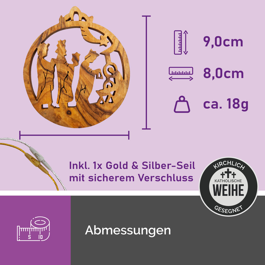 Dimensions du pendentif Rois mages en bois d'olivier de Bethléem 9 × 8 cm avec ruban doré et argenté