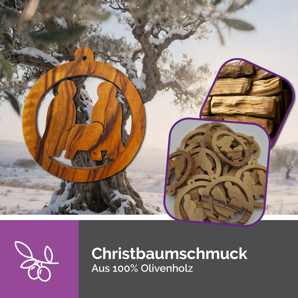 Olivenholzanhänger Heilige Familie als Christbaumschmuck und Geschenkanhänger mit goldener Schleife dekoriert