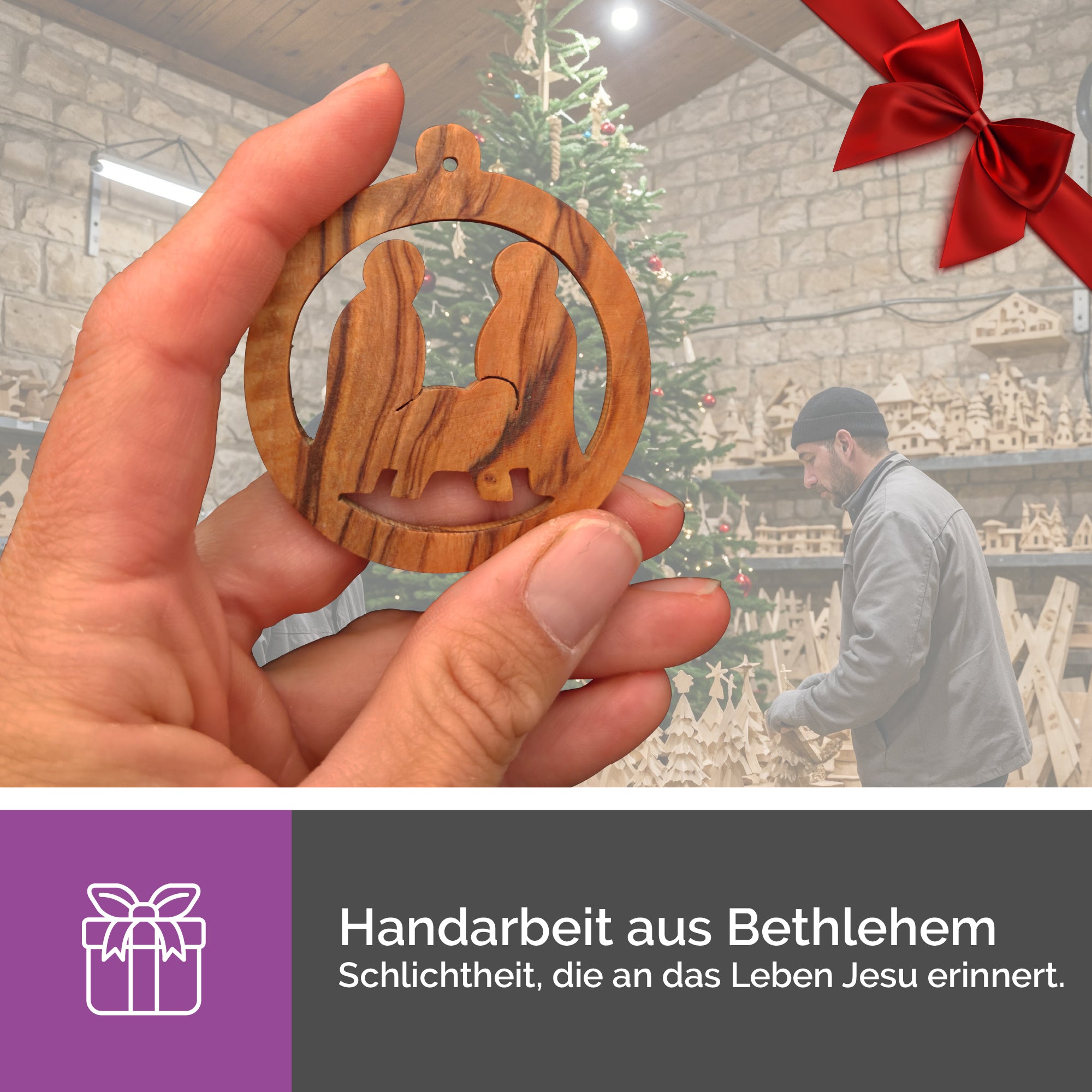 Handwerkliche Fertigung des Olivenholzanhängers Heilige Familie in Bethlehem traditionelle Holzschnitzkunst