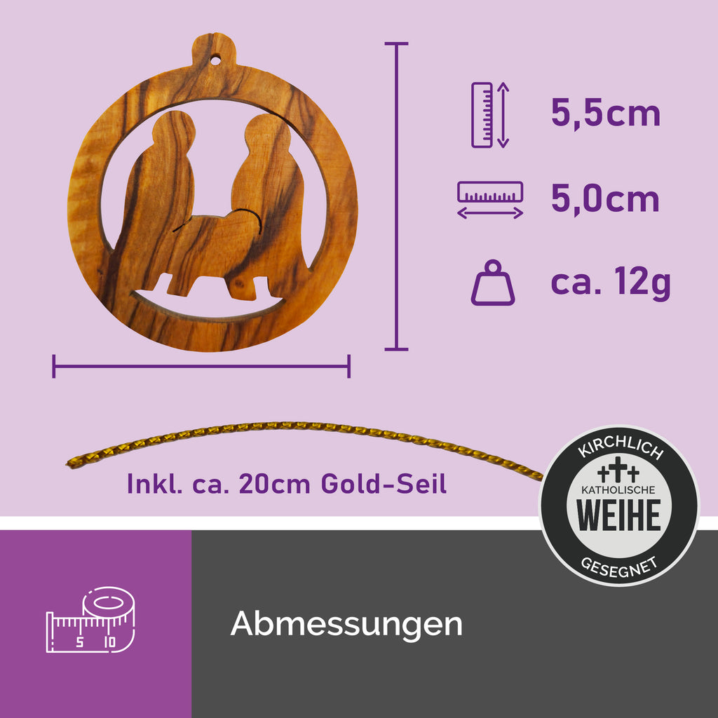 Maße des Olivenholzanhängers Heilige Familie aus Bethlehem 5,5x5,0 cm mit goldfarbenem Aufhängeband