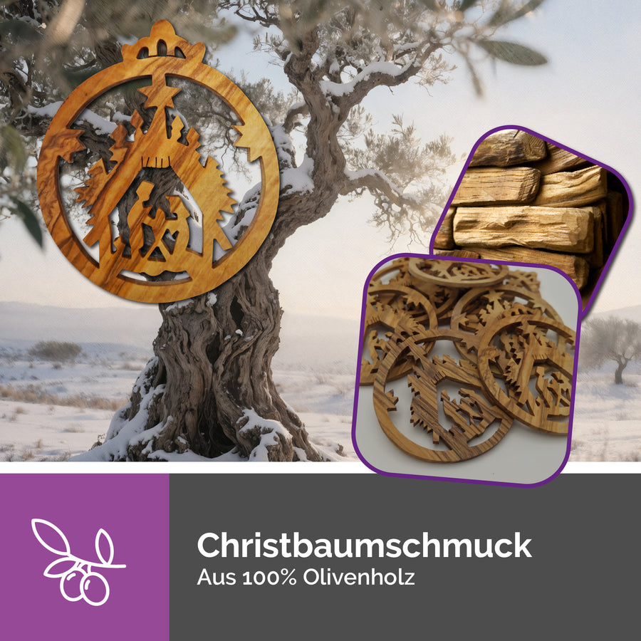 Olivenholzanhänger Krippenszene als Christbaumschmuck und Geschenkanhänger an goldener Schleife dekoriert