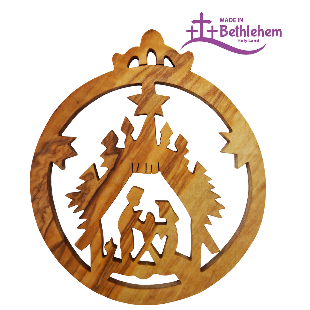 Handgefertigter Olivenholzanhänger Krippenszene aus Bethlehem mit Maria Josef und Jesuskind unter dem Stern von Bethlehem gesegnetes Symbol des Glaubens