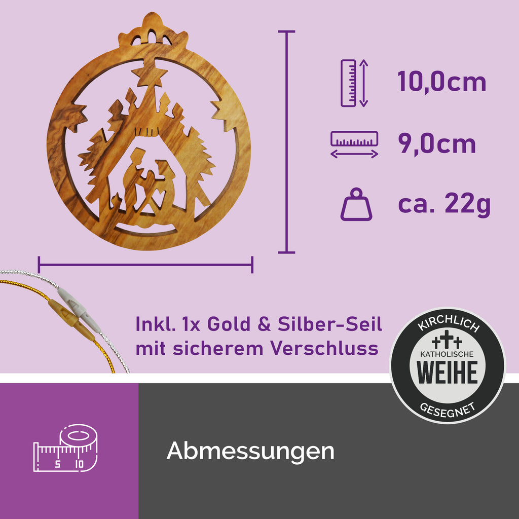 Maße des Olivenholzanhängers Krippenszene aus Bethlehem 10x9 cm mit Gold- und Silberband zur Aufhängung